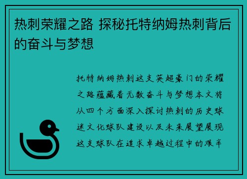 热刺荣耀之路 探秘托特纳姆热刺背后的奋斗与梦想