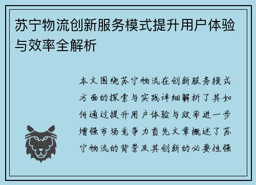 苏宁物流创新服务模式提升用户体验与效率全解析