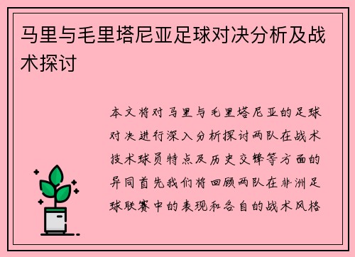 马里与毛里塔尼亚足球对决分析及战术探讨